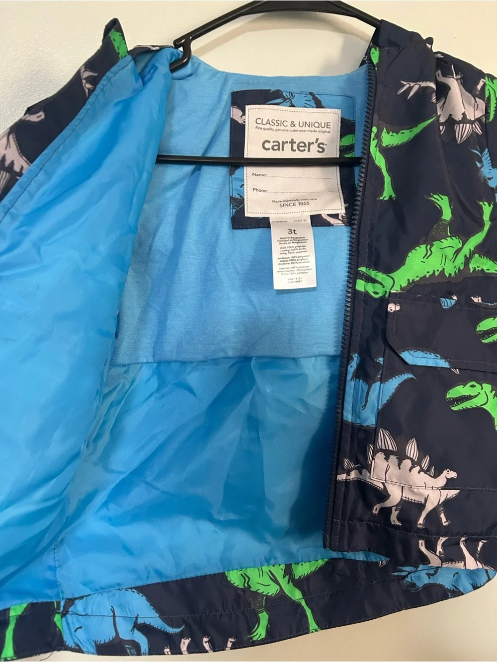Carter's Navy Hooded Rain Jacket with Blue, Green & Gray Dinosaurs SZ 3T